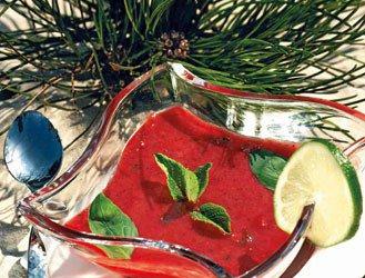 Strawberry soup with mint and basil