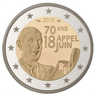 A 2 euro coin commemorating the Appeal of 18 June 1940