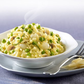 Risotto with peas, mushrooms, onions