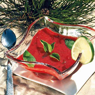 Strawberry soup with mint and basil