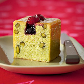 Cake with sour cherries and pistachios