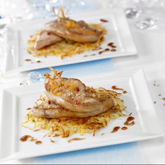 Sautéed foie gras Montfort on potato mat with orange