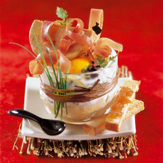 Egg casserole with raw ham and foie gras